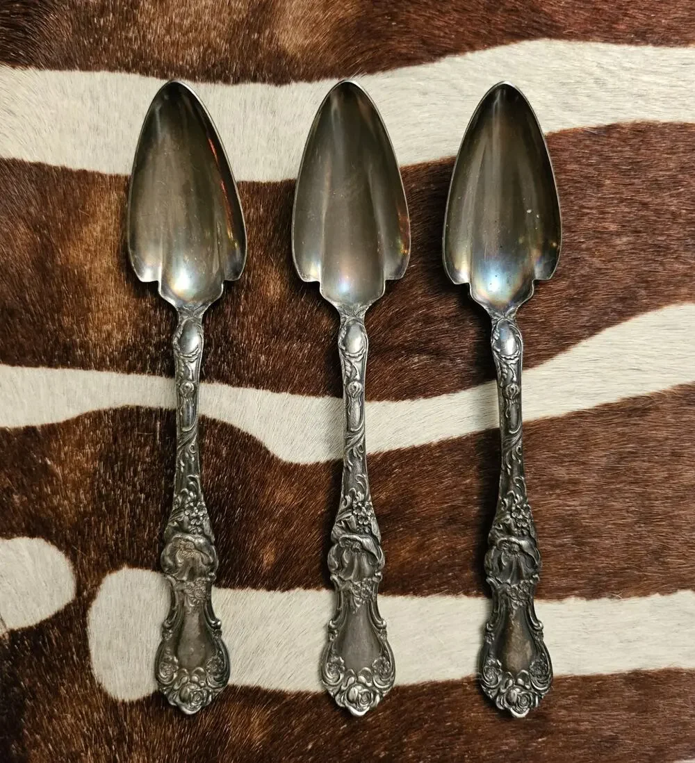 1835 R Wallace Floral Three Fruit Citrus Spoons Silverplate 1902